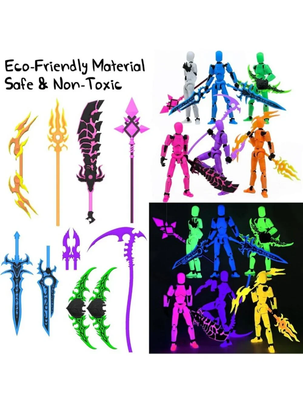 6-Pack Glowing 3D Printed Action Figures Set with Weapons - Colorful